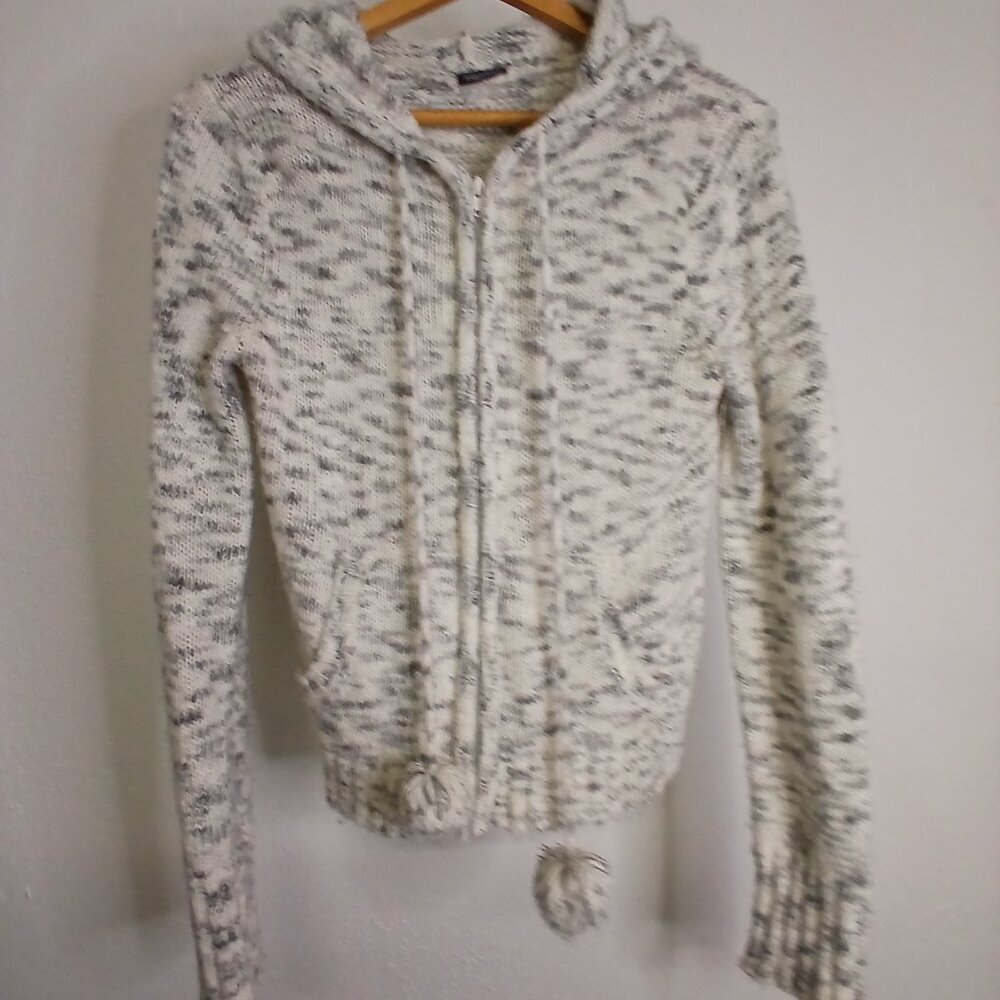 UGC Maurices Grey and white zip up with hoodie and pom poms size small